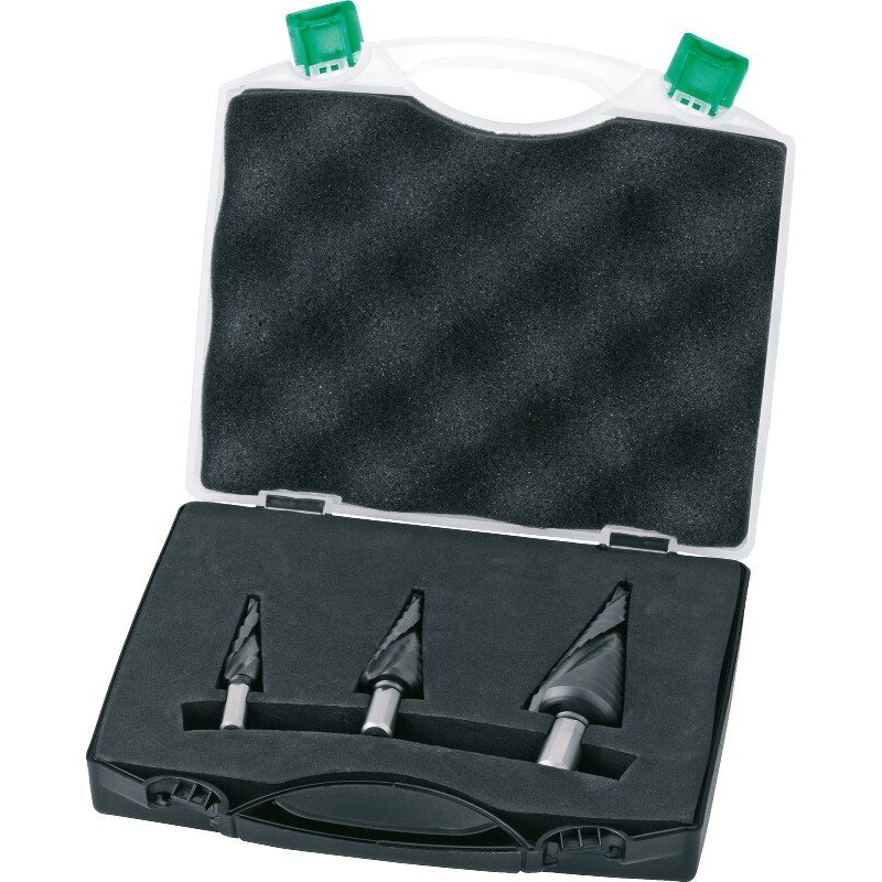 JUEGO DE BROCAS ESCALONADA HSS HELICOIDAL. 44.134. TIALN NR. 1 M4-M12. 2 M4-M20. 3 M6-M30