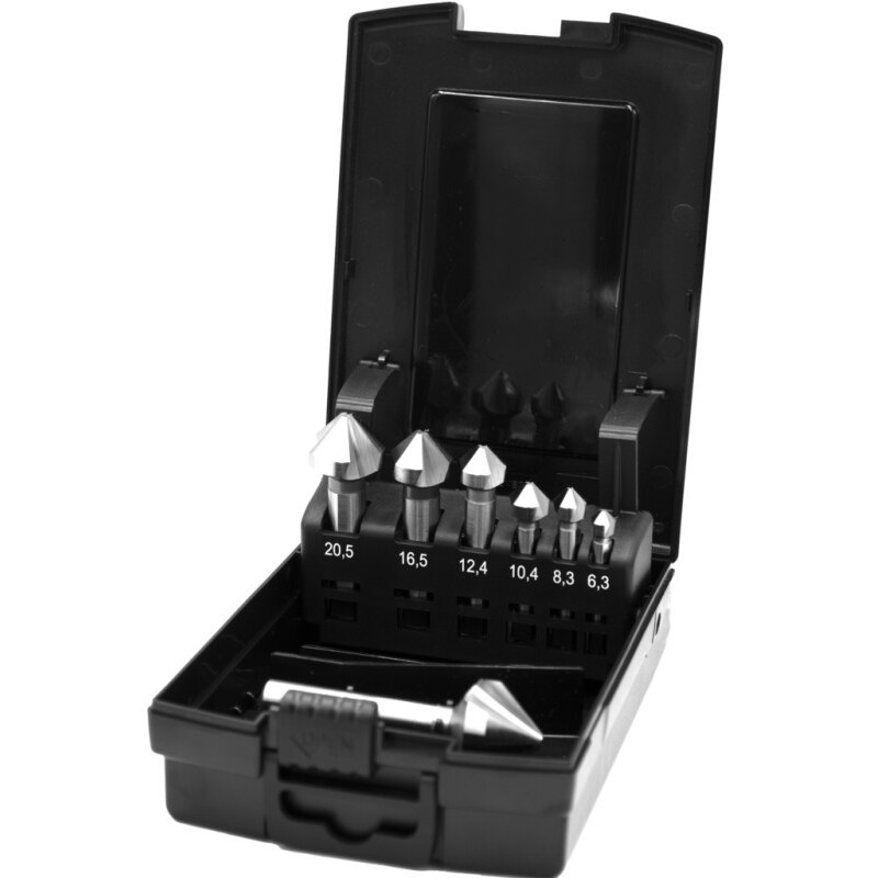 JUEGO DE AVELLANADORES VARI HP2 UNI HSS-E DIN 335-C 42.557. 90B:. 3 LABIOS. CON 3 CHAFLANES 10.4 - 25 MM