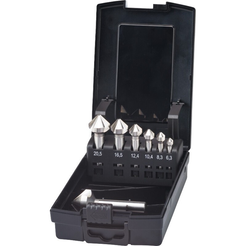 JUEGO DE AVELLANADORES VARI HSS-E DIN 335-C 42.555. 90B:. 3 LABIOS. CON 3 CHAFLANES 6.3 - 25 MM