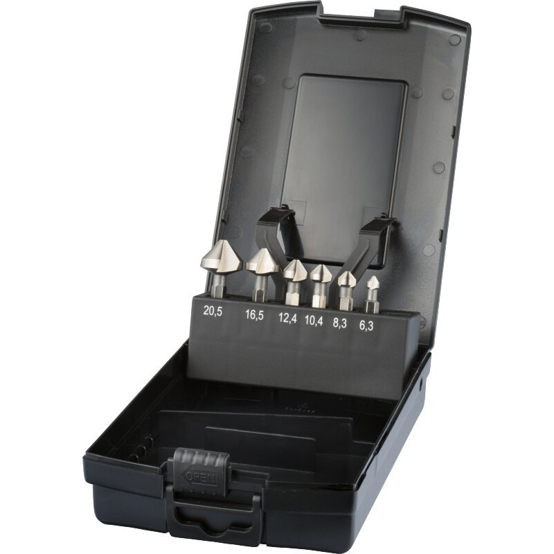 JUEGO DE AVELLANADORES ECO HSS DIN 3126-DIN ISO 1173 E6.3 42.543. 90B:. 3 LABIOS. CON SUJECION 1/4 6.35 MM BIT 6.3 - 20.