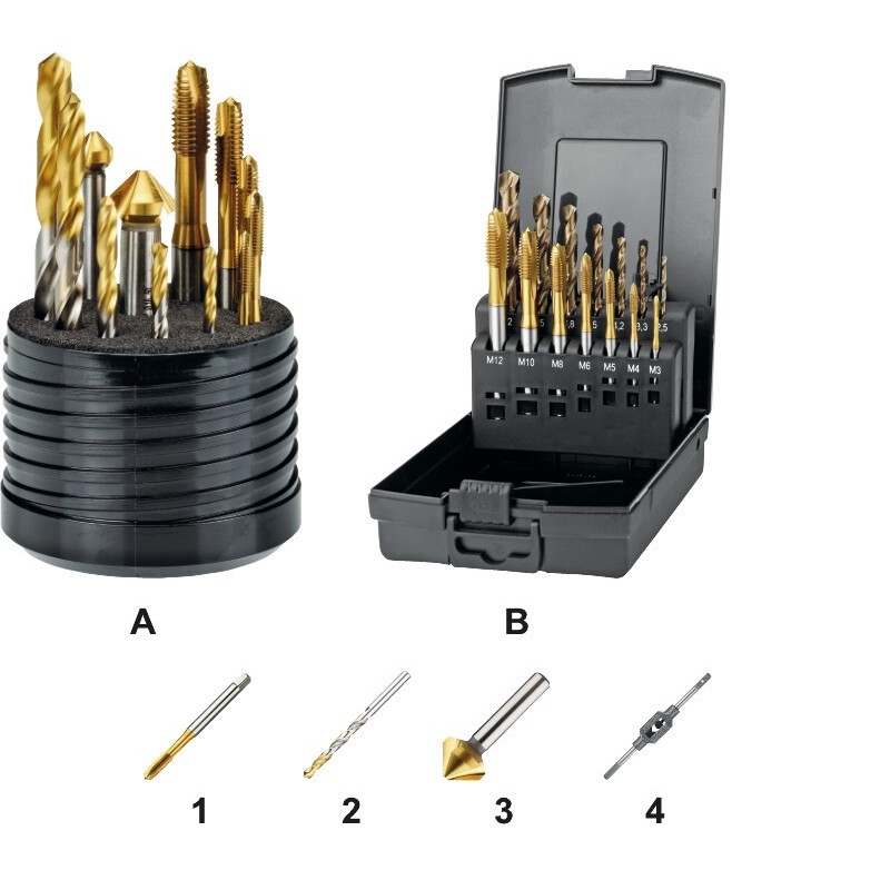 JUEGO DE MACHOS MAQUINA ECO PRO HSS-E DIN 371/6 + BROCAS. +AVELLANADORES 22.197 - M4 - M10 + 11.431 - 3.3-8.5 + 42.536 -