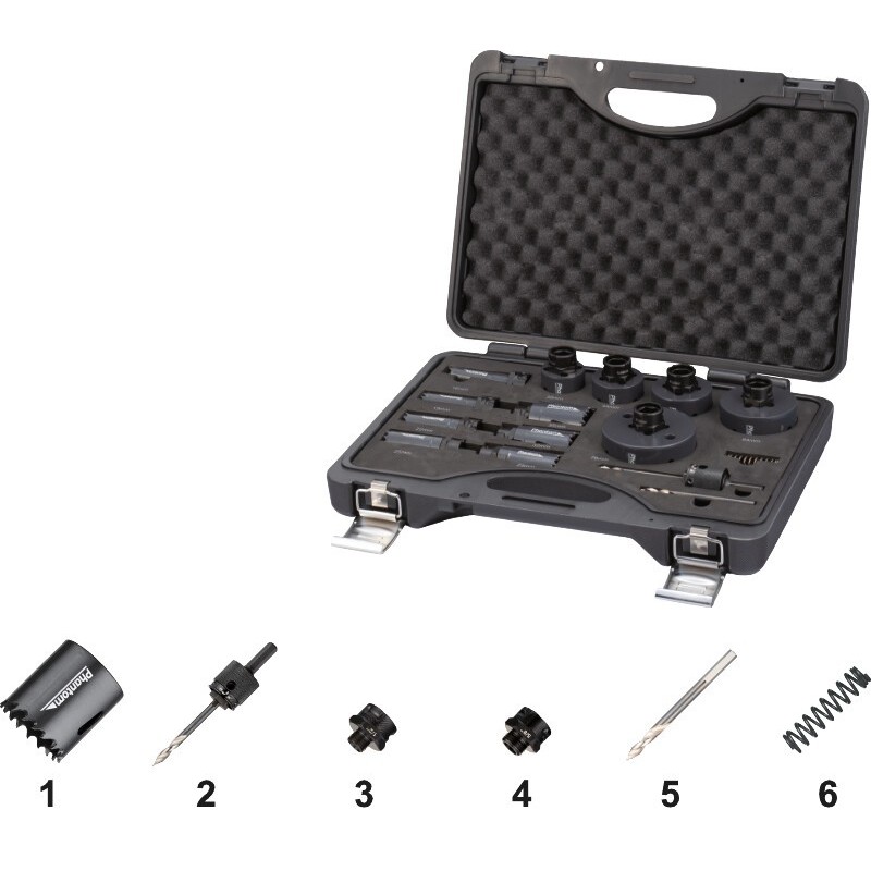JUEGO DE CORONAS PERFORADORAS HSS-CO 8% BI-METAL 61.105. CON HUSILLO DE CAMBIO RAPIDO Y ADAPTADORES 19. 22. 29. 35. 38.